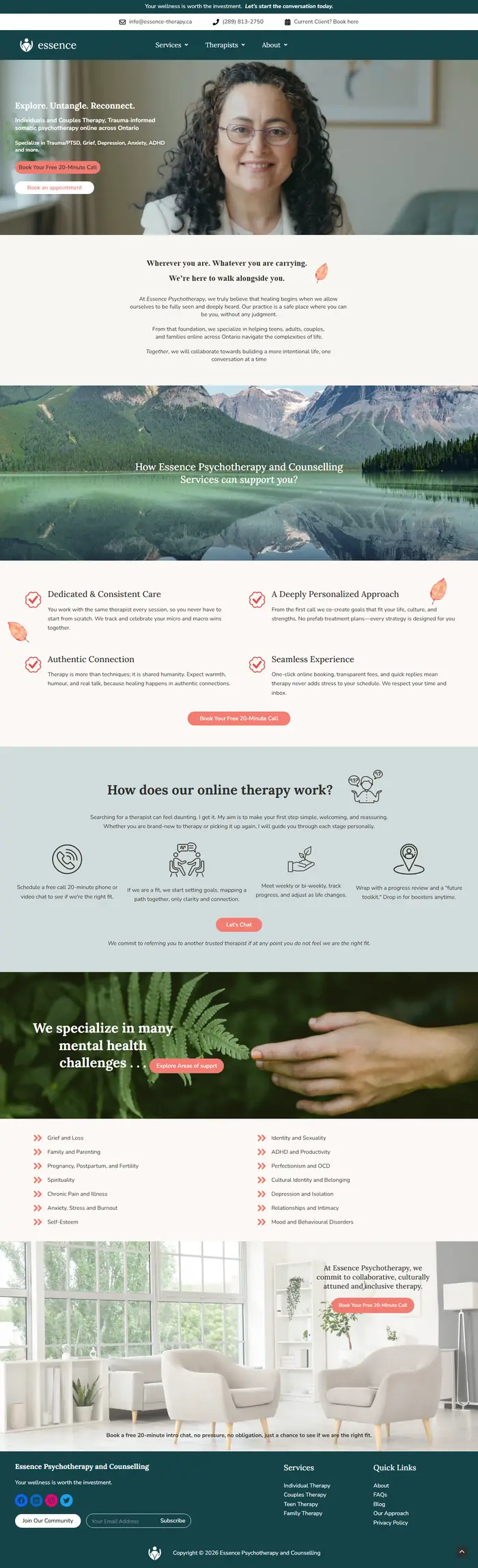 Full-page screenshot of the Essence website.
