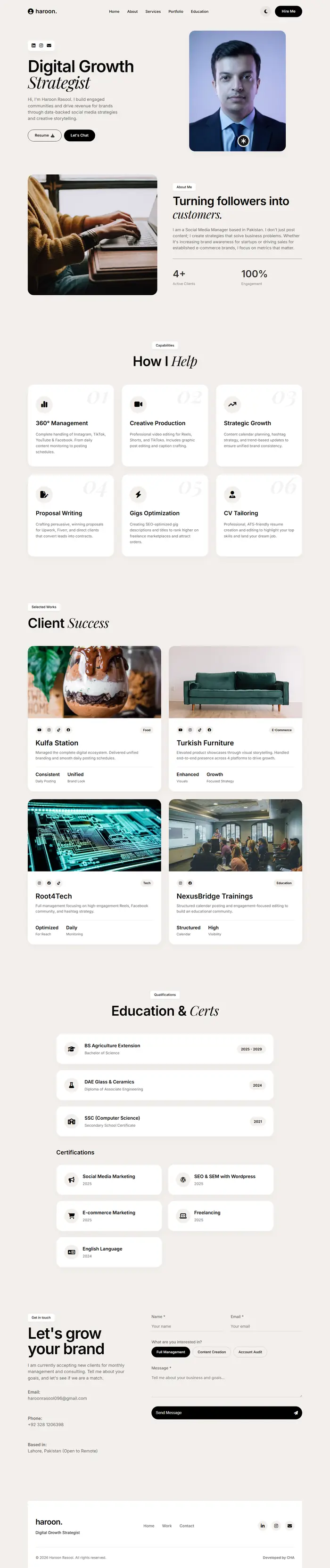 Full-page screenshot of the Haroon Rasool website.