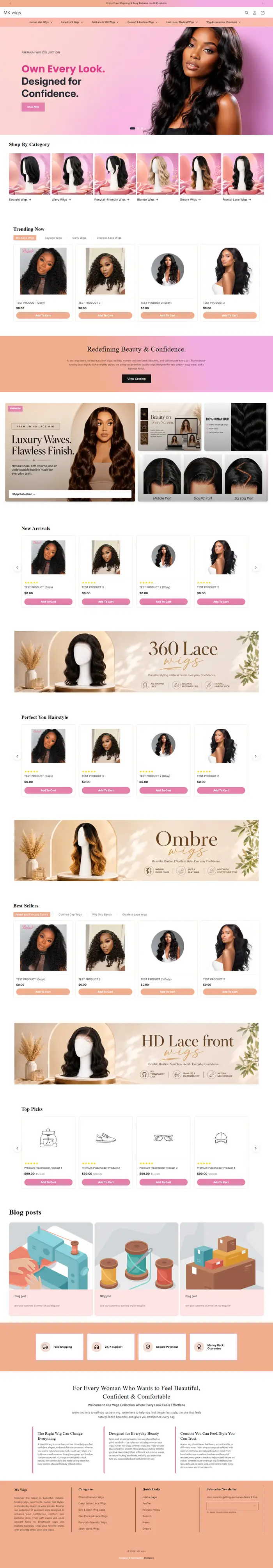 Full-page screenshot of the MK Wigs website.