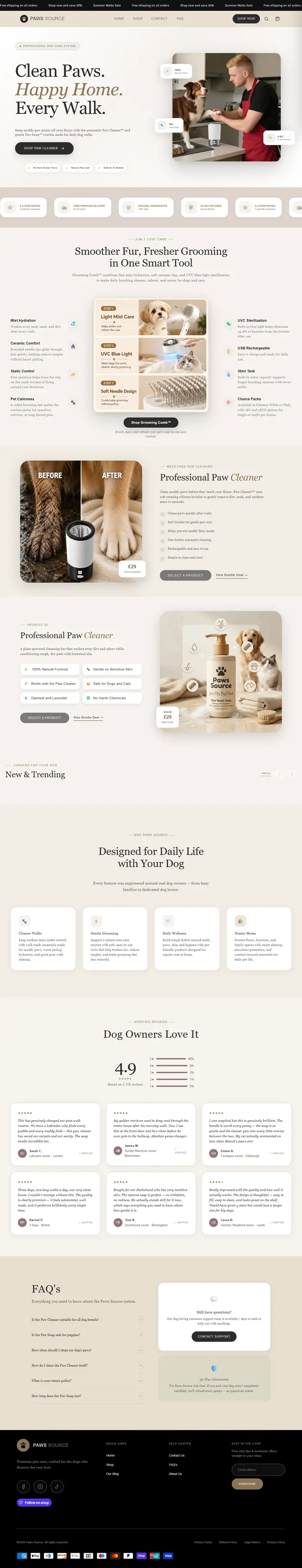 Full-page screenshot of the Paws Source website.