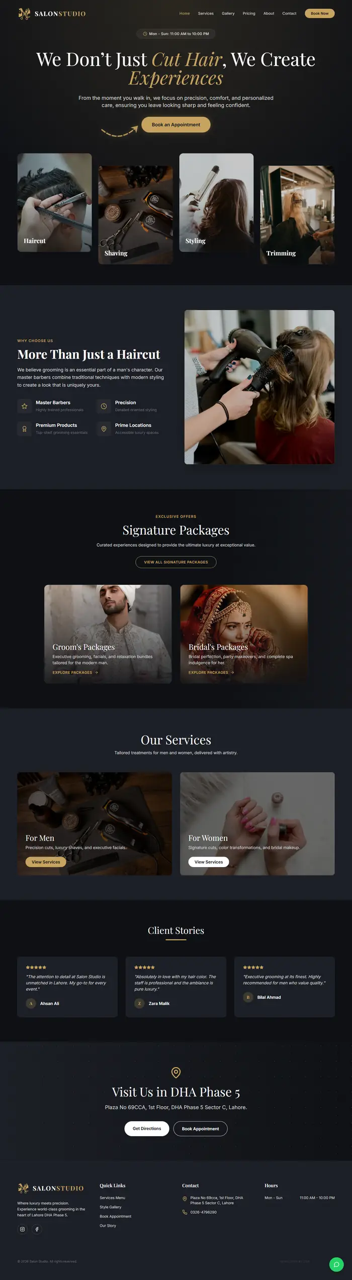 Full-page screenshot of the SalonStudio website.