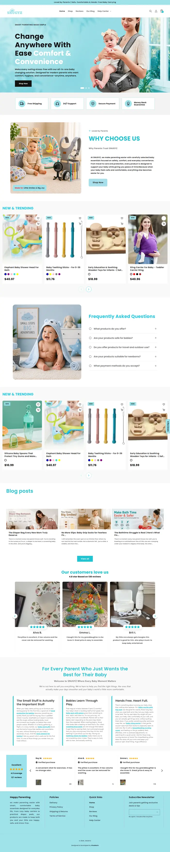 Full-page screenshot of the Snugyz website.